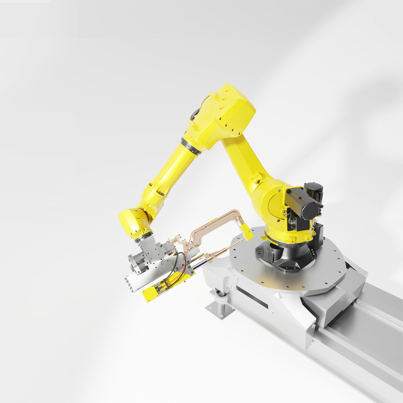 A collaborative robot and a caged industrial arm beside a test chamber
