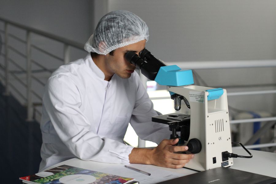 Analyst examining a sample under a microscope during a stability check