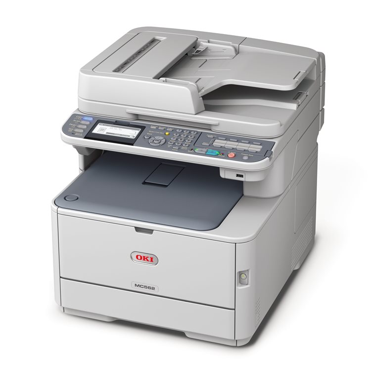 Compact OKI desktop multifunction printer with feeder and control panel
