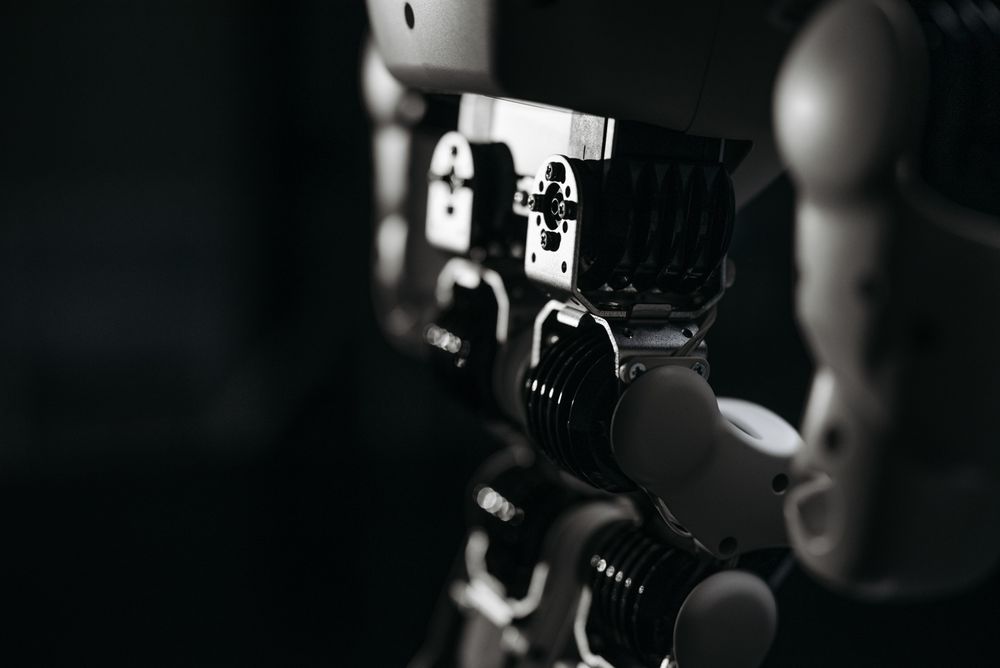 Close-up of the geared joint mechanisms of a humanoid robot