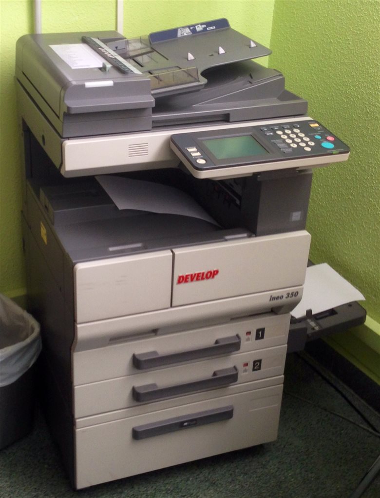 Office multifunction printer with document feeder and paper trays