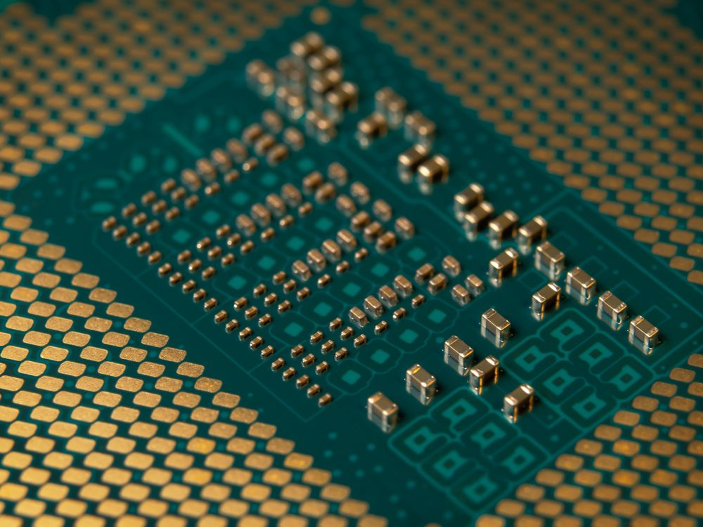 The underside of a large processor package showing its substrate contact array